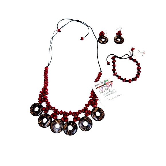 Jungle Jewelry Made In Ecuador Is Beautifully Made Of Red Seed And Brown Wood. - Picture 2 of 5